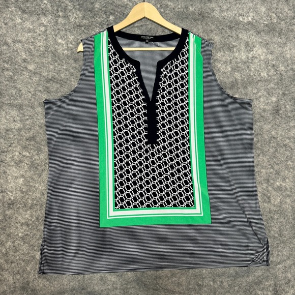 Jones New York Tank Top Womens 3X Blue Green V Neck Stretch Check Striped Plus - Picture 1 of 8